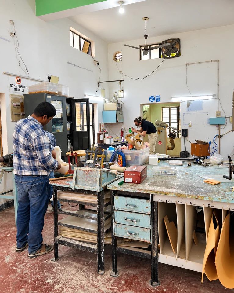 Prothesenwerkstatt mit Handwerkern